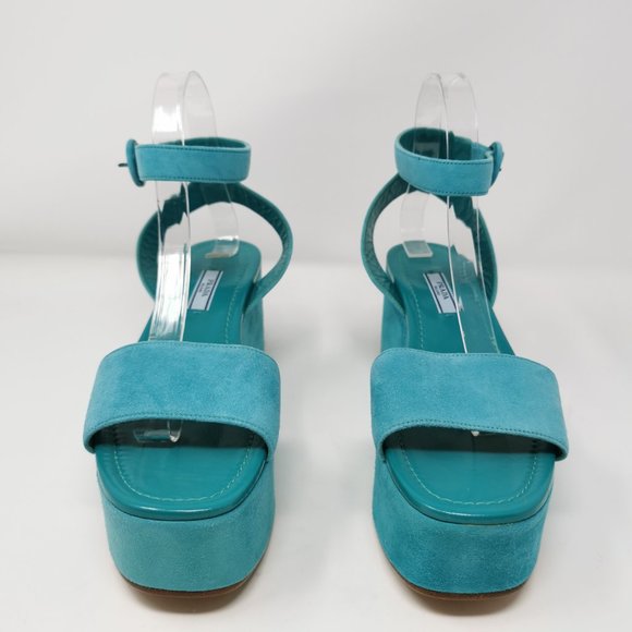 Prada Blue Suede Wedge Platform Heels - Picture 2 of 13